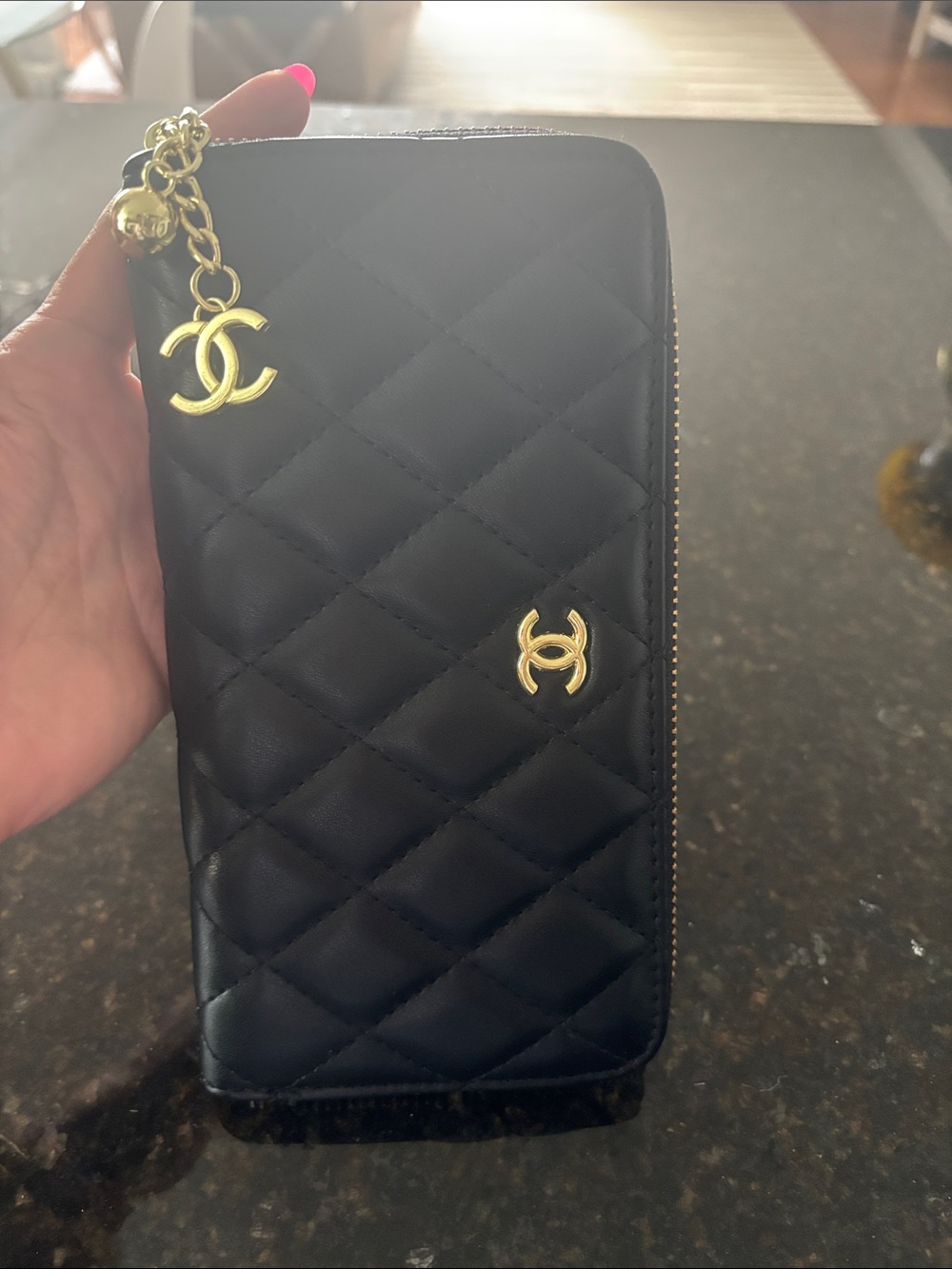Black Quilted Zip-Around Phone Wallet with Gold CC Charms